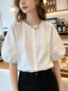 女款白色襯衫，短澎澎袖，前開鈕扣設計，無彈性聚酯纖維面料，標準長度，適合夏季日常穿著 - 白色 - 查看 3