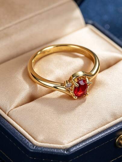 Women's Gold-Plated Spiral Ring, Adorned With Oval-Shaped Red Zirconia And Clear Zirconia Stones, Elegant Minimalist Style, Suitable For Daily Commute And Workwear, An Ideal Gift For Fashion Enthusiasts