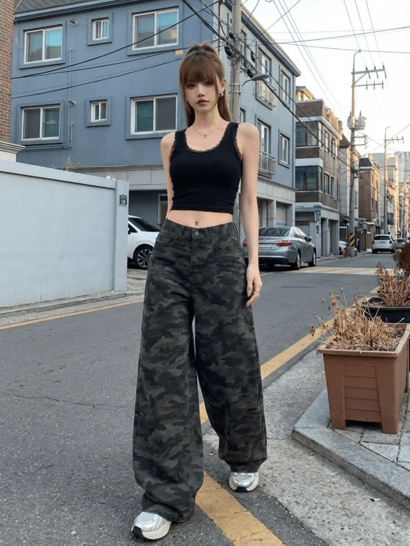 复古休闲宽松迷彩阔腿牛仔裤，女士春季款