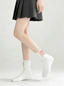 1/4 双甜美百搭洛丽塔单层荷叶边蝴蝶结袜口中筒袜，春夏款 - 彩色 - 查看 1