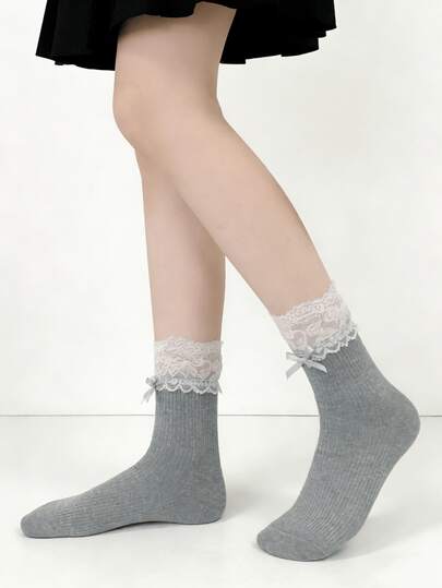 1/4 双春夏洛丽塔芭蕾舞风格蕾丝拼接蝴蝶结甜美百搭中筒袜