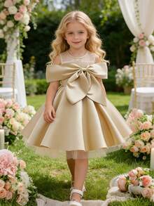 EHOMKIDS Girls' Satin Princess Dress, High-End Fashionable Champagne Color Knee-Length Birthday Party Dress For Toddlers - Champagne - View 5
