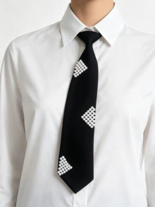 1pc White Pearl Tie-Free Necktie, Suitable For Casual, School, Street, Daily Wear, Graduation Photos - Multicolor - View 1