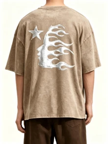 Men's Printed Pattern Washed T-Shirt - Casual Loose Summer T-Shirt With Star And Flame Design, Adult Brown 100% Pure Cotton Round Neck Shirt, Breathable T-Shirt |   Avant-Garde Casual Wear |   100% Pure Cotton Printed T-Shirt, Round Neck Vintage Cotton T-Shirt - 棕色 - 查看 3