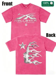 Men's Printed Pattern Washed T-Shirt - Casual Loose Summer T-Shirt With Star And Flame Design, Adult Rose Red 100% Pure Cotton Round Neck Shirt, Breathable T-Shirt |   Avant-Garde Casual Wear |   100% Pure Cotton Printed T-Shirt, Round Neck Vintage Cotton T-Shirt - 玫紅色 - 查看 7