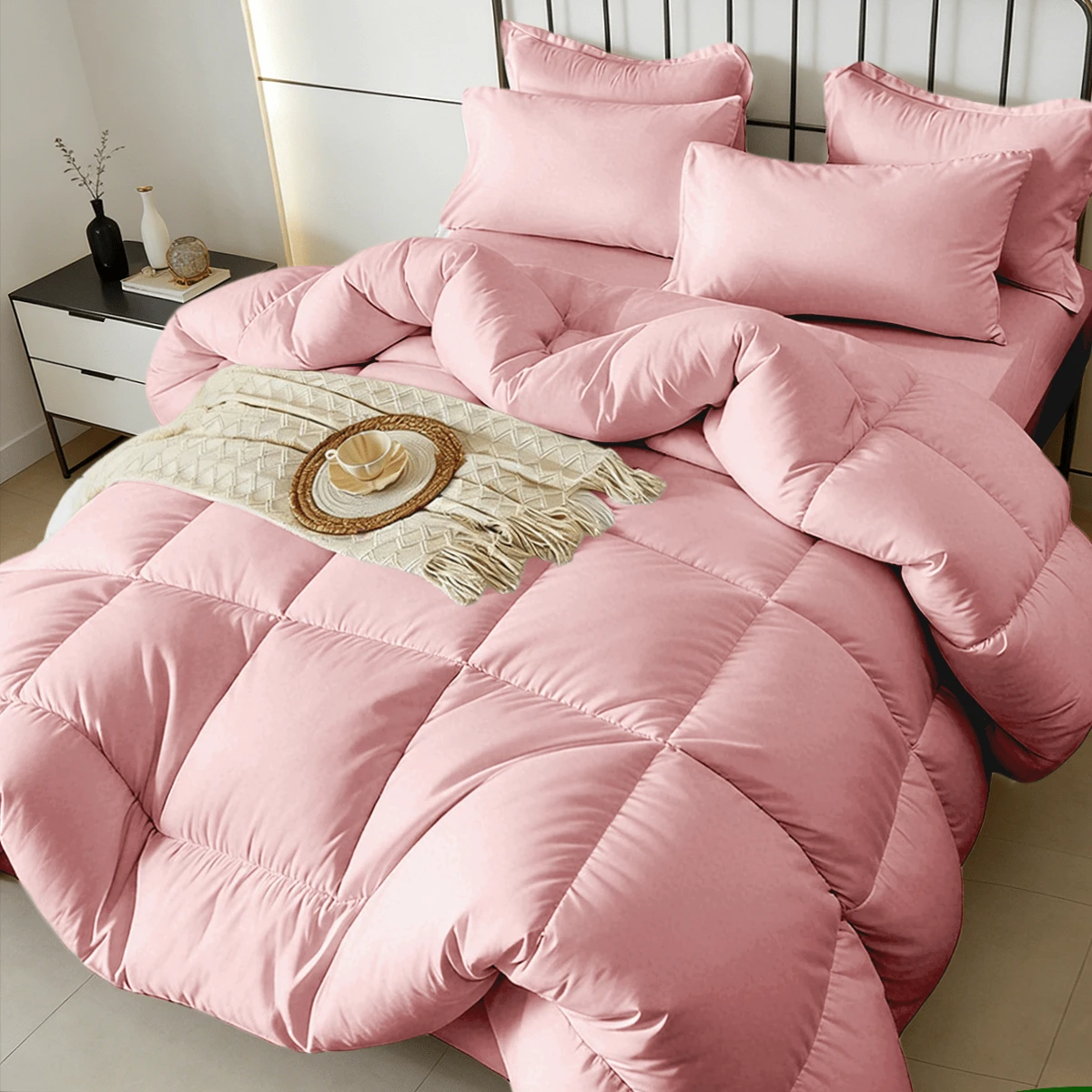 7pcs Or 5pcs Luxurious Checkered Comforter Sets For King Size, Featuring A Soft, Lightweight, And Breathable Design That Is Easy To Maintain. Includes A Comforter, Flat Sheet, Fitted Sheet, And Pillowcases. Suitable For Both Queen And King Beds - Hồng - Xem 1