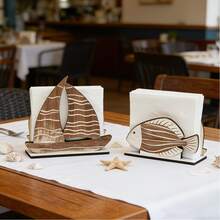 一套木质帆船和鱼形餐巾架，适合海滩爱好者、浴室、厨房、餐桌，美式乡村海滩主题装饰，完美的节日礼物、夏季家居装饰、桌面办公装饰 - 彩色 - 查看 3