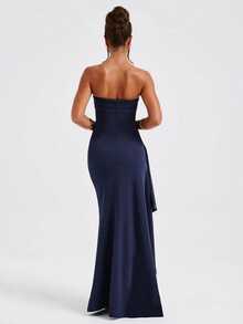 Solid Strapless Ruched High Slit Tube Bodycon Long Dress, Strapless Slim Fit Elegant Sexy Bridesmaid Formal Gown, Graduation & Mother's Day & Date Night & Wedding Guest, Formal Party & Cocktail Dresses, Spring/ Summer - Navy Blue - View 6