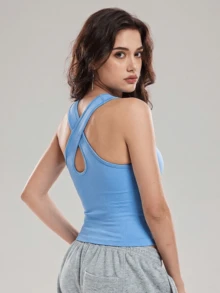 ZULIZ 交叉露背背心，女士修身运动吊带背心 - 藍色 - 查看 1