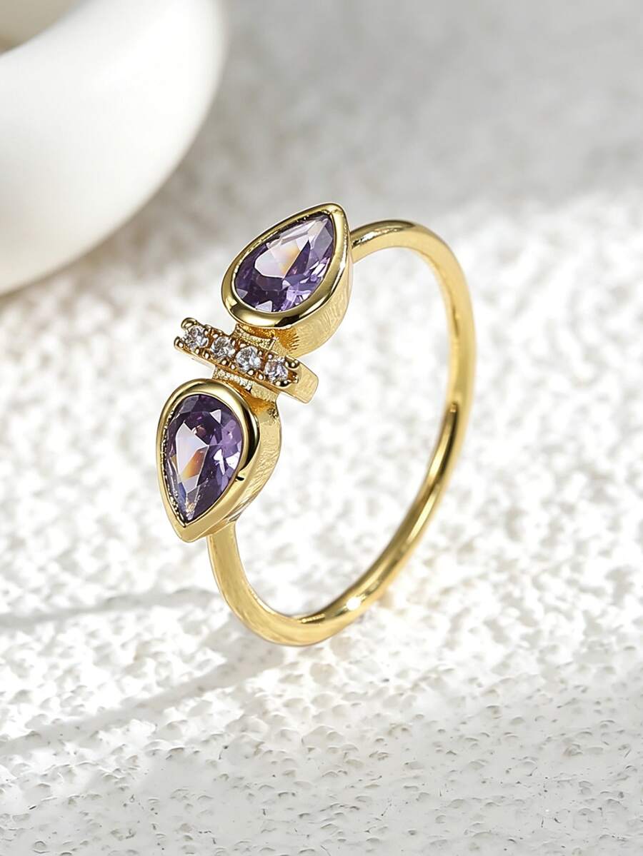 Charm-In 18K Gold Plated Pear-Shaped Amethyst Ring, Dainty Two-Stone Adjustable Statement Jewelry For Women - Gold - View 1