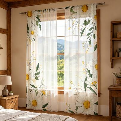 2PCS Daisy Lace Printed Sheer Curtains With Pole Pocket Design To Protect Privacy, Suitable For Kitchen, Coffee Shop, Dining Room, Balcony, Garden, Bedroom, Living Room, Study, Dining Room, Corridor, And Foyer Sheer Curtains. Privacy Solution, Filter, Elegant Window Decoration, Exquisite Printed Sheer Curtains, 2D Flat Surface