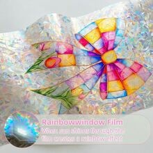 1张3D激光彩虹静电窗贴，44.5x100厘米（17.5英寸x39.4英寸），无需胶水，可移除新月形窗膜，彩色玻璃蝴蝶结兔子装饰窗贴，适用于家居玻璃门装饰，附赠安装工具 - A - 查看 7