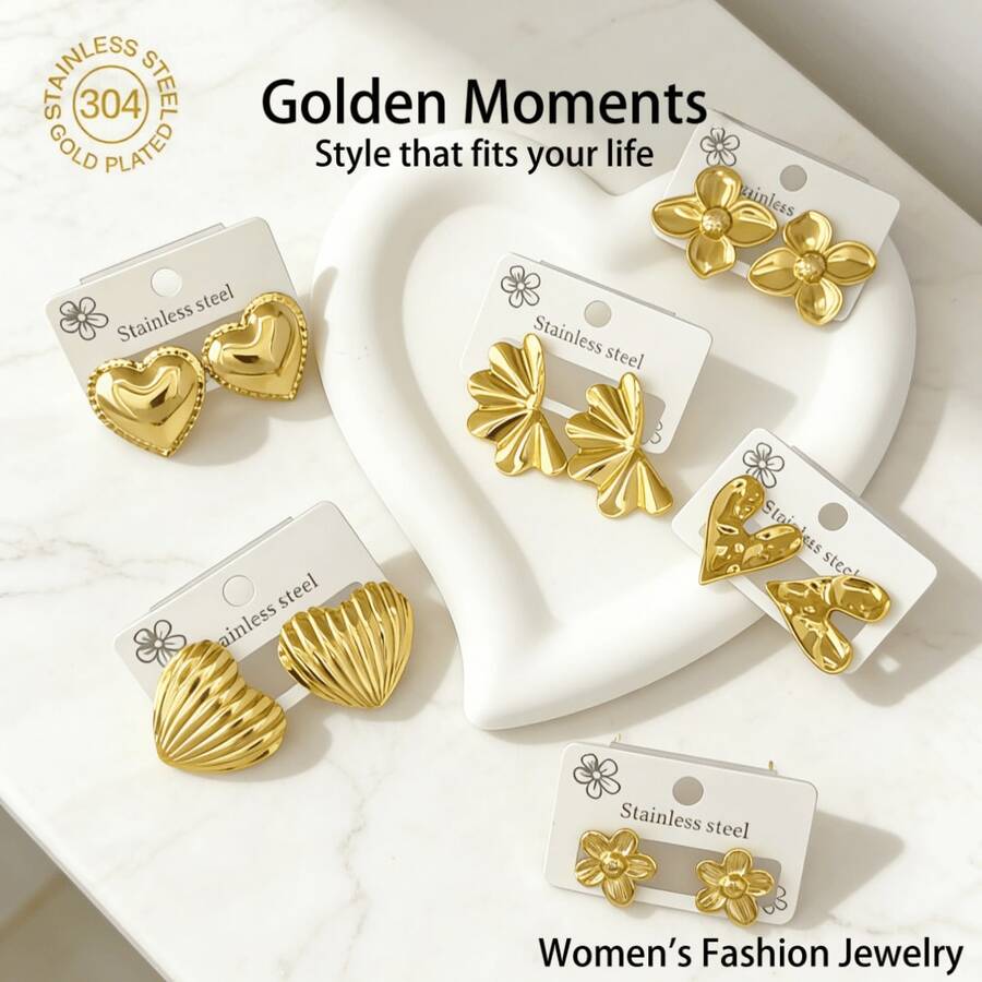 1 Pair/6 Pairs - Fashionable Stainless Steel Women's Earrings, Hypoallergenic Women's Earrings Suitable For Daily Commute, Vacation And Party Wear, Women's Accessories, Graduation Gift, Stainless Steel Women's Jewelry - Gold - View 1