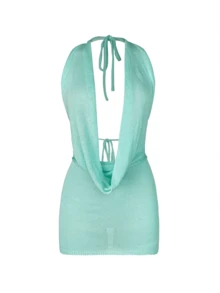 Women's 2026 New Sexy Deep V-Neck Halter Knit Bodycon Mini Dress Vacation Beach Summer - Mint Blue - View 6
