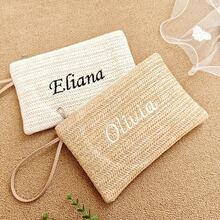 Personalized Embroidered Straw Clutch Bag, Women's Raffia Makeup Bag, Customizable Name/Letter Zipper Pouch, Boho Style Woven Handbag, Beach Holiday Clutch, Bridal Bridesmaid Wedding Purse, Bachelorette Party Gift, Travel Organizer, Unique Gift - Multicolor - View 7