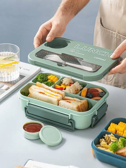 niceforyou 4-Compartment Odor-Proof Japanese Style Sealed Bento Box Set | Includes Utensils + Soup Cup, Fitness & Weight Loss Meal Solution 1300ml Extra Large Capacity! Japanese Style Divided Bento Box | Microwave Snap-Lock Sealed, Portable Lunch Box For Students / Office Workers