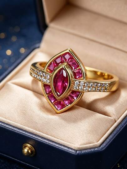 女士镀金个性化戒指，镶嵌马眼形红色锆石和方形红色锆石，装饰艺术风格，适合日常通勤和工作场合佩戴，是时尚爱好者的理想礼物。
