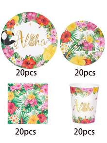 10pcs/20pcs/50pcs/80pcs Hawaiian Party Supplies, Flamingo & Palm Leaf Pattern Tropical Party Paper Tableware Set, Including 7/9 Inch Paper Plates, Paper Cups, 6.5 Inch Paper Napkins, Hawaiian Theme Birthday Party Decorations, Suitable For Summer Beach Pool Party For Men And Women - Multicolor - View 10