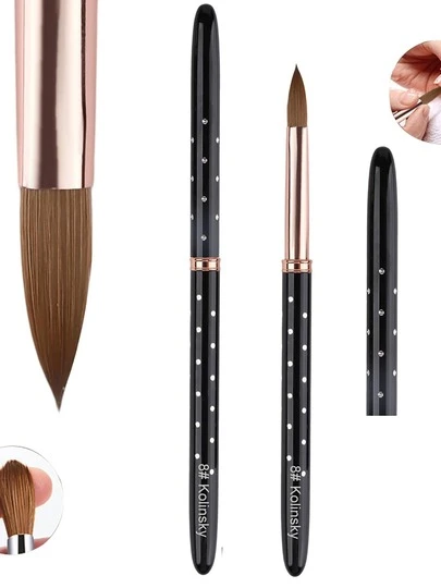 Pincel de uñas acrílicas de Kolinsky, pincel de uñas con strass negros, pincel acrílico de Kolinsky, pincel para polvo acrílico de uñas en tallas del #8 al #12