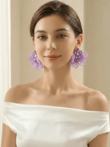 1对时尚夸张彩色布艺花朵大耳钉，女士仿宝石奢华吸睛饰品，适合派对舞会佩戴 - 淡紫色 - 查看 6