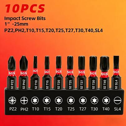 10件套磁性Torx螺丝刀头套装，S2钢材质，重型磁性抗冲击，1/4英寸六角柄，防锈底座，工业级强度，适用于木工、家具组装和DIY项目