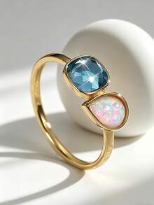 Charm-In Anillo abierto chapado en oro de 18K con cristal cuadrado azul y ópalo, exquisita joya de mujer con doble gema, estilo exagerado ajustable - Dorado - Ver 3