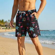 Men's Hawaiian Style Beach Pants, Coconut Tree Print Swimming Pants, Drawstring Waist, Single-Layer Unlined Vacation Beach Casual Pants - 海星黑 - 查看 3