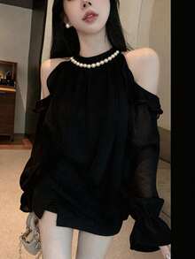 Blusa elegante de hombros descubiertos con volantes de unicolor negro para mujer - Negro - Ver 3