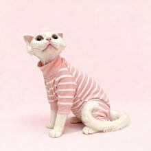 Bộ đồ liền thân sọc hồng trắng, cổ cao, thiết kế giữ ấm, quần áo thú cưng mùa xuân/hè dành riêng cho mèo Sphynx, bảo vệ bụng, che phủ toàn thân. - Hồng - Xem 7