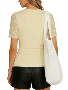 2026 Womens Lace Trim Summer Wrap Blouse V Neck Ruffle Sleeve Dressy Casual Work Top Ruched  Clothes - Apricot - View 7