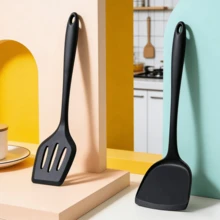 1/2pcs Black Silicone Spatula Or Slotted Turner, High Heat Resistant Seamless Non-Stick Baking & Cooking Spatula - Black - View 2