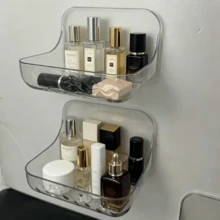 1pc No Drill Wall Mounted Adhesive Storage Rack, Transparent Plastic Bathroom Organizer With Drainage, Waterproof Bathroom Shelf For Cosmetics, Toiletries, Kitchen, Available In 2 Sizes - A - View 4