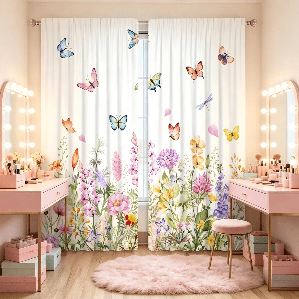 2pcs Translucent Polyester Fiber Curtains, With Colorful Butterfly And Floral Patterns, Modern All-Season Design, 100% Polyester Fiber, Light Filtering, With Rod Pocket For Easy Installation, Perfect For Kitchen, Laundry Room, Bedroom, Study And Living Room - Multicolor - View 1