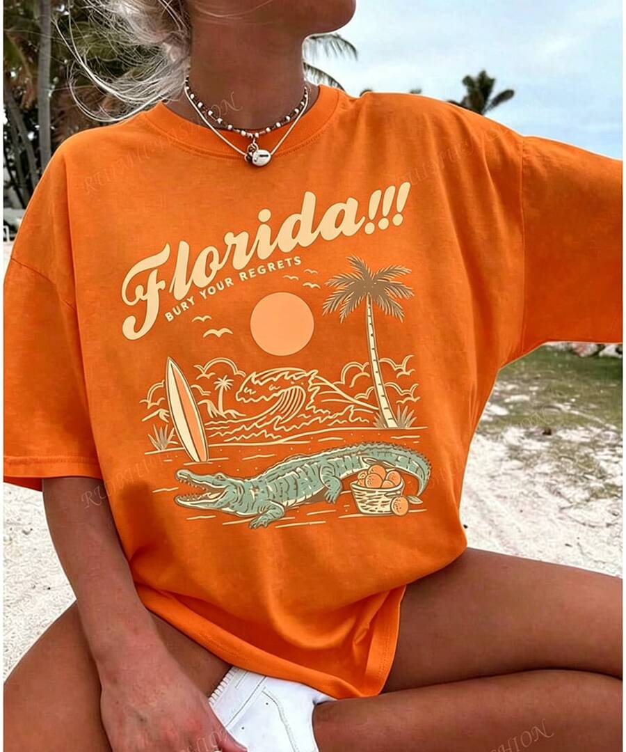 Florida Palm Tree Pattern T-Shirt -Women's Casual Vacation Short Sleeve T-Shirt, Round Neck Short Sleeve Top,Summer Outfits For Women - Summer Tops - 橘色2 - 查看 1