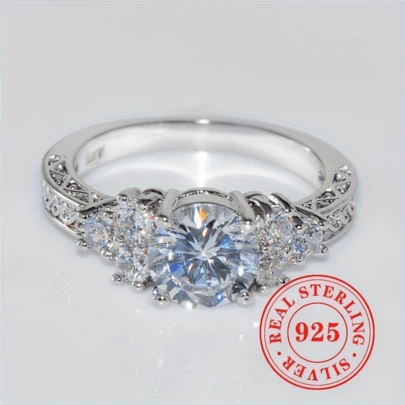 Anillo de halo de plata de ley 925 de lujo, engastado con circonita cúbica redonda brillante - Regalo perfecto para compromiso y propuesta, piedra natal de abril, adecuado para bodas y fiestas