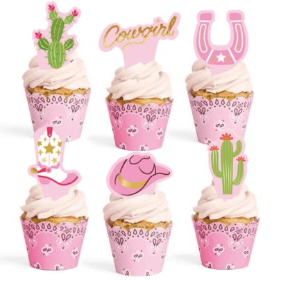 24 piezas de moldes y decoraciones para cupcakes con tema vaquero/cowgirl en color rosa - Tema vaquero rosa, perfecto para decoraciones de fiesta de 1er cumpleaños con tema de vaquera o pañuelo, set de decoración de cupcakes de niña vaquera - Diseños de cactus, herradura, botas y sombrero de vaquero, adecuado para suministros de fiesta de cumpleaños con tema de vaquera