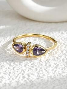 Charm-In 18K Gold Plated Pear-Shaped Amethyst Ring, Dainty Two-Stone Adjustable Statement Jewelry For Women - Gold - View 4