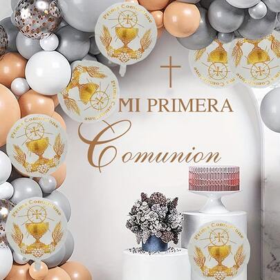 5个18英寸白色铝箔圆形气球，适用于初领圣餐、洗礼装饰，室内外派对装饰