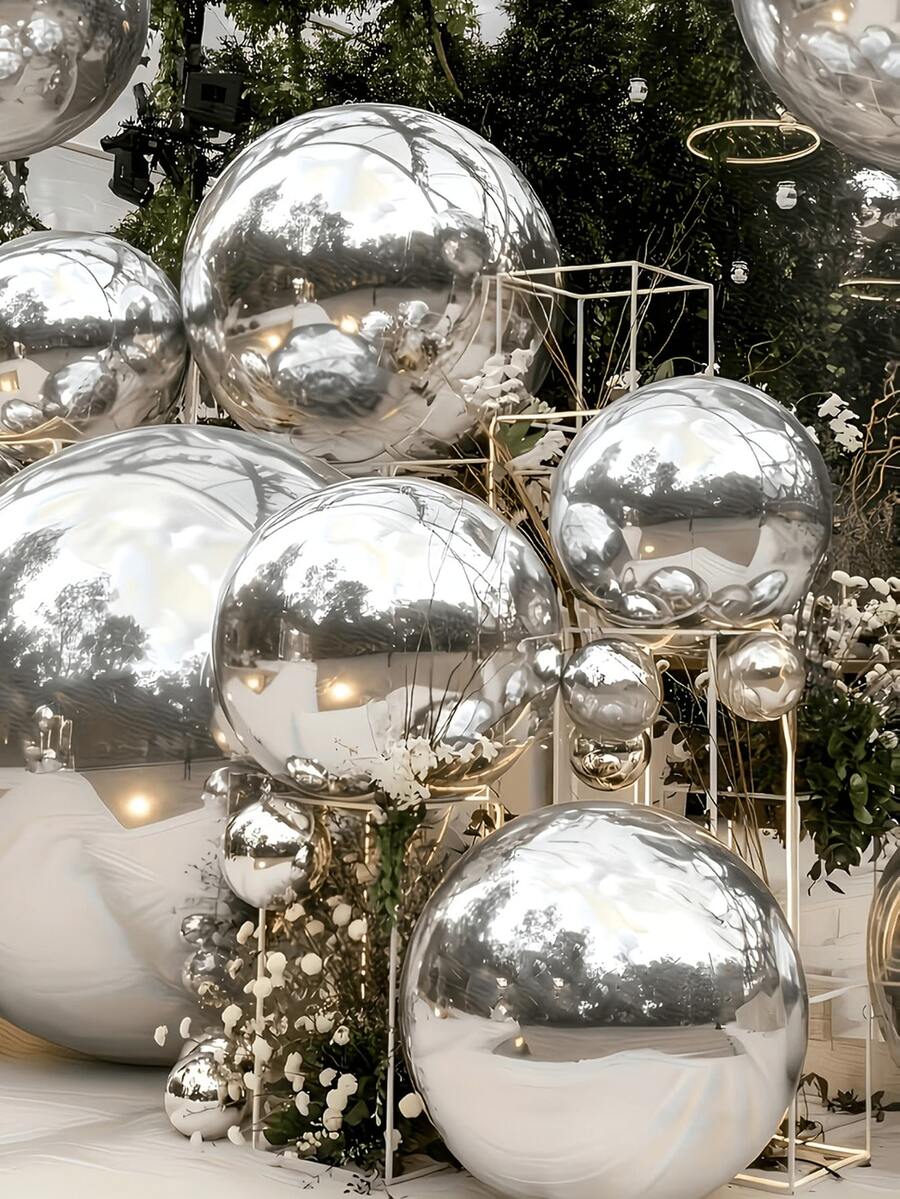 4pcs Silver Inflatable Mirror Reflective 4D Aluminum Foil Balloon Set - Reusable Disco Balloons Suitable For Birthday Party Decor, Holidays, Weddings And Various Events - A - View 1