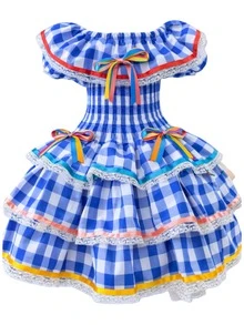 Children's And Teens' Country-Style Dress For June Festivals, Traditional Square Dances, Saint John's Day, Borboletinhas Kids - 藍色格子 - 查看 4