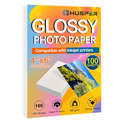 HUSPER 光面相纸，4x6 英寸，100 张，180 克，高品质喷墨打印纸，适用于照片、日历、卡片、小册子、菜单等。