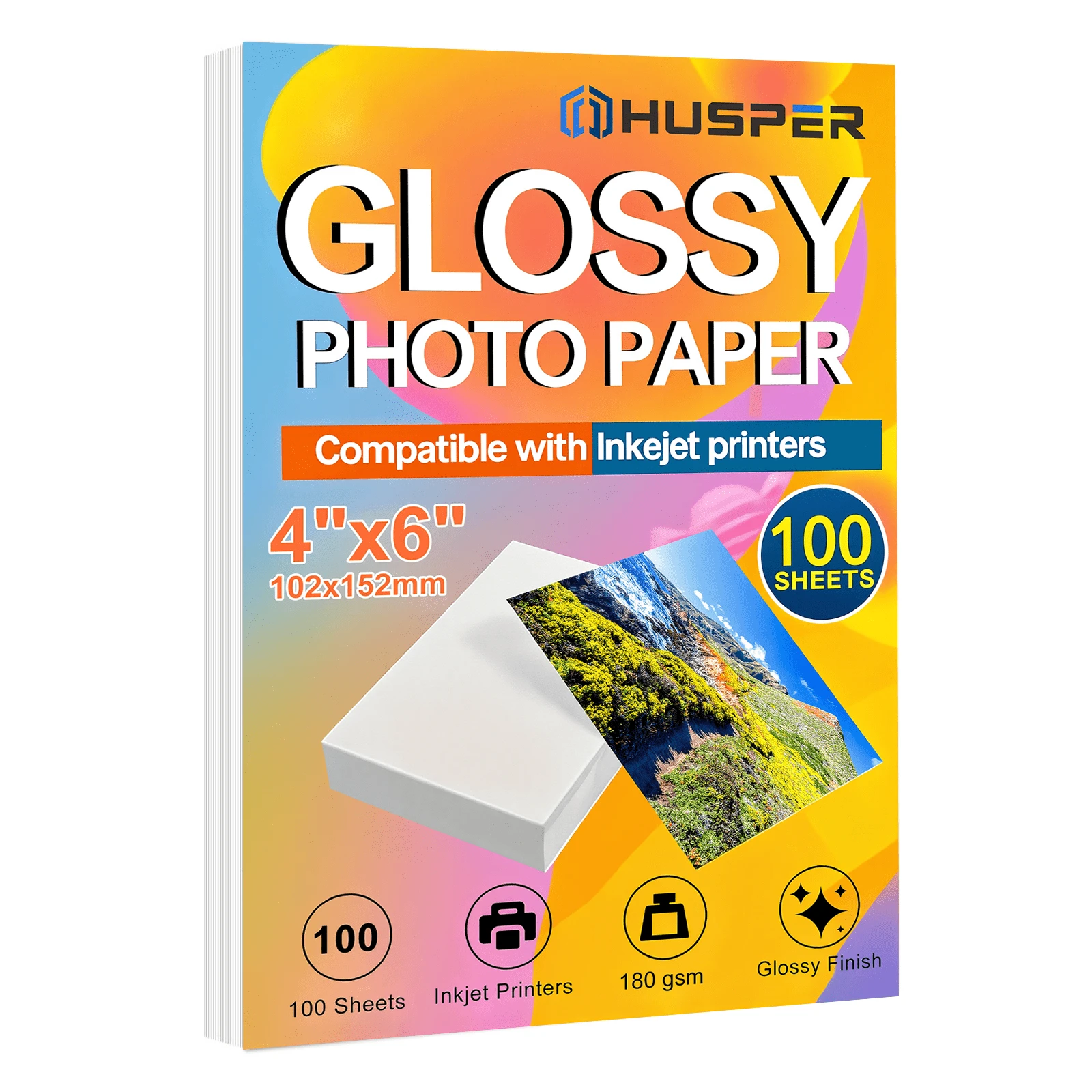 HUSPER Glossy Photo Paper, 4x6 Inch, 100 Sheets, 180g, High Quality Inkjet Printing Paper, Suitable For Photos, Calendars, Cards, Booklets, Menus - High-gloss Photographic Paper - View 1