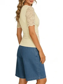 2026 Womens Lace Trim Summer Wrap Blouse V Neck Ruffle Sleeve Dressy Casual Work Top Ruched  Clothes - Apricot - View 6
