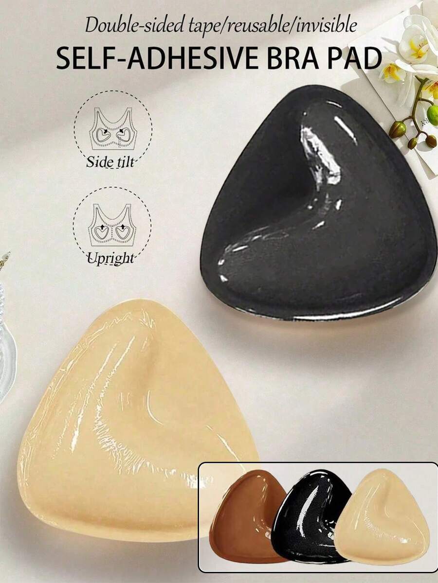 1对可重复使用的自粘式胸垫，加厚三角提拉设计，可重复使用，隐形比基尼胸垫，适合游泳 - 黑色 - 查看 1