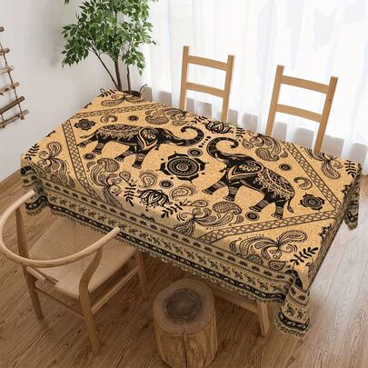 1 pieza Mantel con estampado de elefante y flores de estilo campestre, mantel de estilo rústico, mantel decorativo, adecuado para fiestas, uso diario, comidas, decoración del hogar, restaurantes, salas de estar, bodas al aire libre, campamentos, picnics, interior/exterior