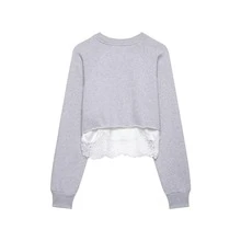 Camellia New Spring/Summer Women's Fashion Minimalist Lace Patchwork Cropped Sweatshirt Casual - Grey - View 8