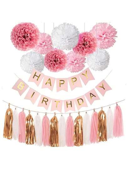 Birthday Party Decorations Kit, Pink Gold White Tissue Pom Poms, Happy Birthday Letter Banner, Paper Tassels For Indoor Birthday Celebration Backdrop