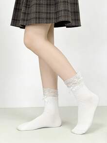1/4 Pair Spring/Summer Lolita Ballerina Style Lace Patchwork Bow Sweet Versatile Mid-Calf Socks - Multicolor - View 13