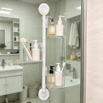 Giá đựng đồ dùng phòng tắm 3 tầng có giác hút, không cần khoan, trong suốt, tiết kiệm không gian, dùng để đựng dầu gội và đồ dùng vệ sinh cá nhân.
