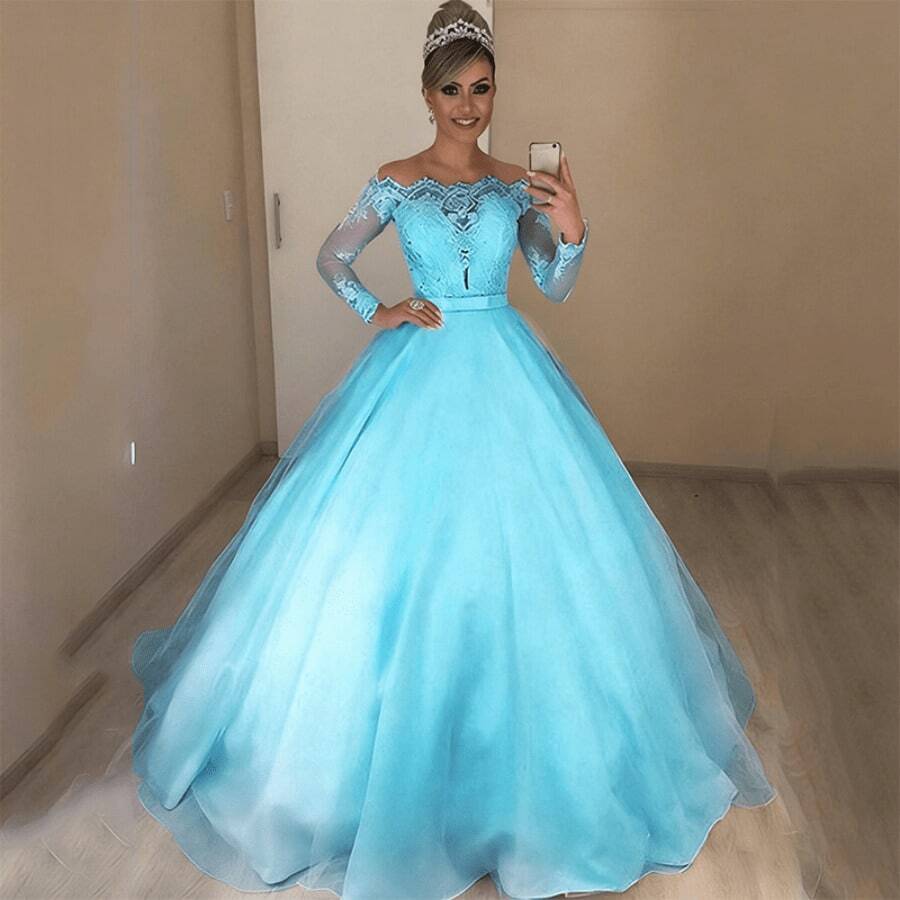 Large Size One-Word Shoulder V-Neck Slim-Fitting Fashion Lace Skirt Fluffy Trailing Wedding Dress - Sky Blue - View 1